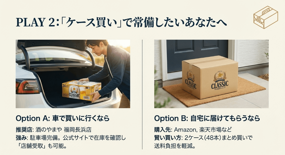 ケース買いなら「酒のやまや」がおすすめ。車でのまとめ買いに便利な福岡長浜店