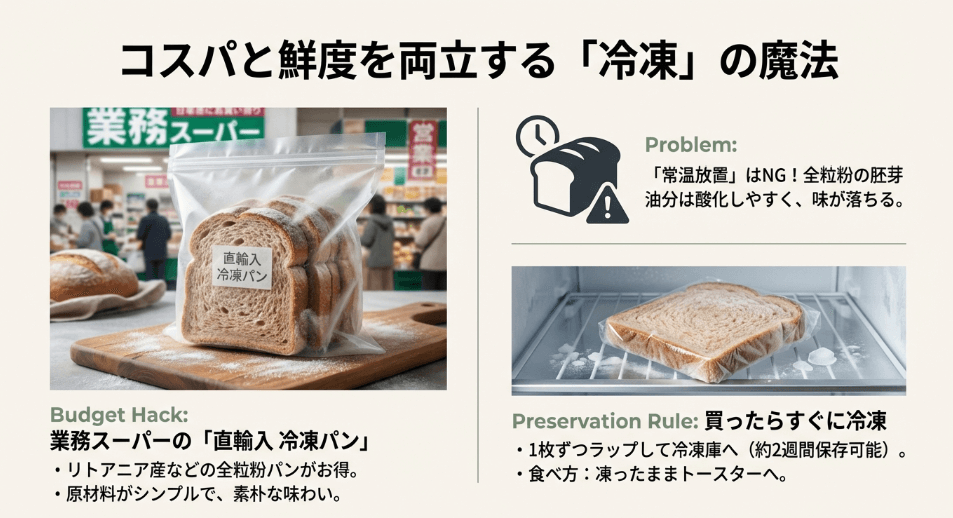 業務スーパーで手軽に買える「冷凍全粒粉パン」の活用術