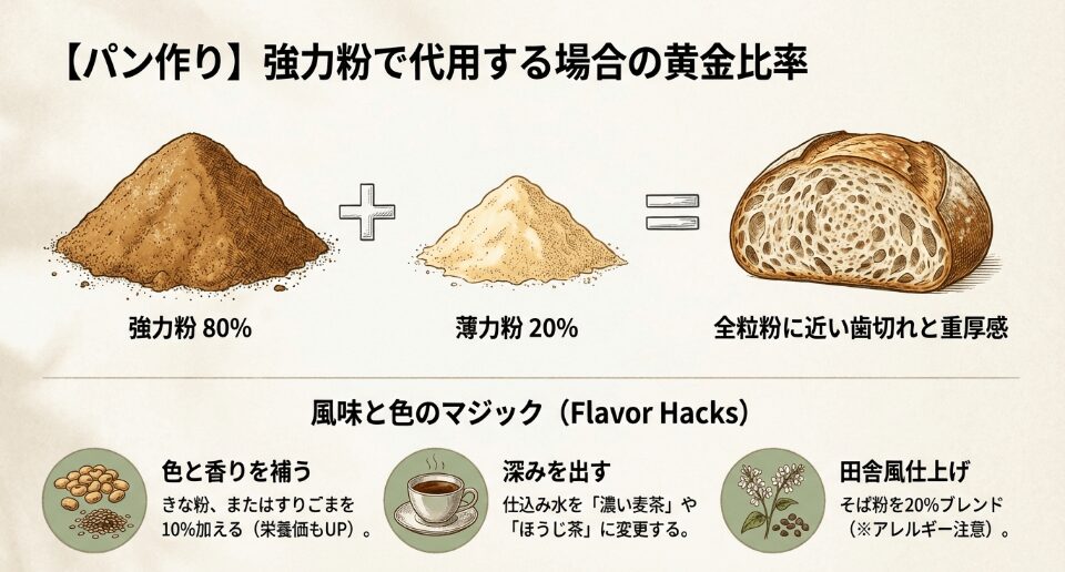 全粒粉がない時の裏技!強力粉で「どっしり香ばしいパン」を再現するコツ