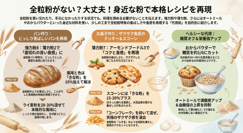 全粒粉の代用が必要な時の小麦粉やグラハム粉の使い方