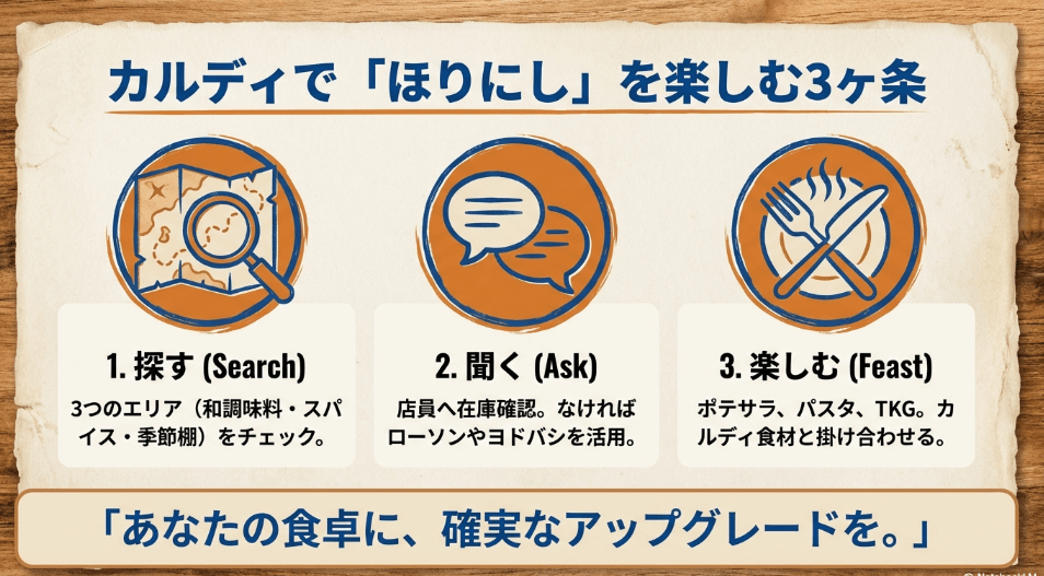 まとめ：賢く「ほりにしをカルディ」で楽しむための3箇条