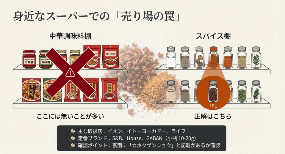 スーパーで花椒(ホアジャオ)はどこにある?売り場と選び方のコツ