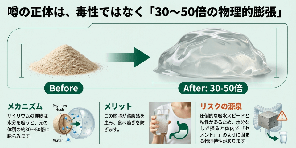 サイリウムが体に悪い原因となる強力な吸水膨張性