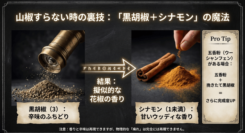 花椒がない時の代用テクニック!黒胡椒とシナモンで作る「擬似花椒」