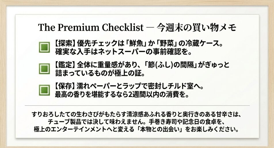 結論：生わさびはどこで買える？ スーパーで確実に見つけるための3つのポイント