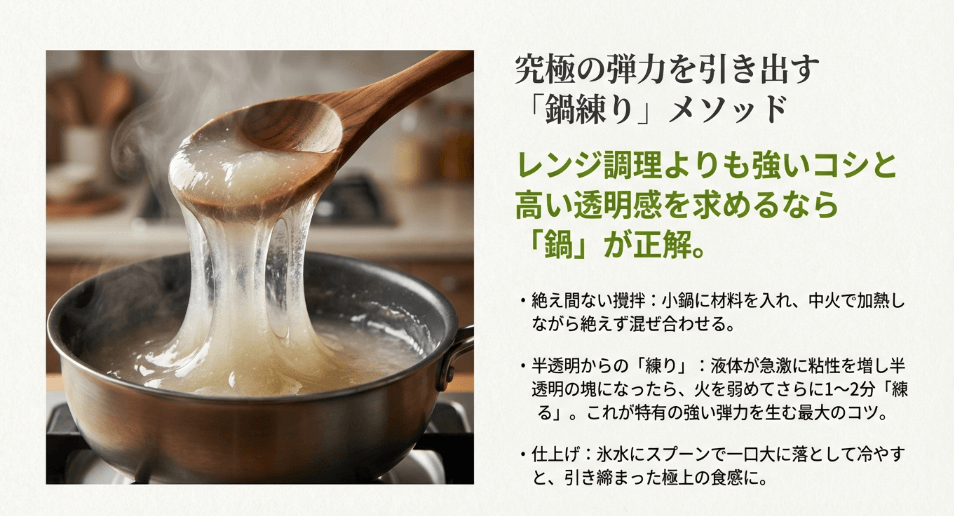 鍋で弾力を出すサイリウムわらび餅の調理法