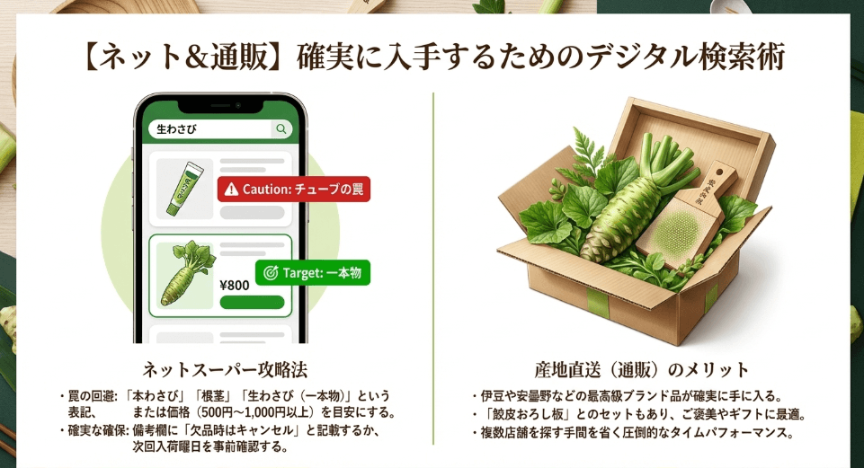 ネットスーパーで生わさびがどこで買えるか在庫を確認