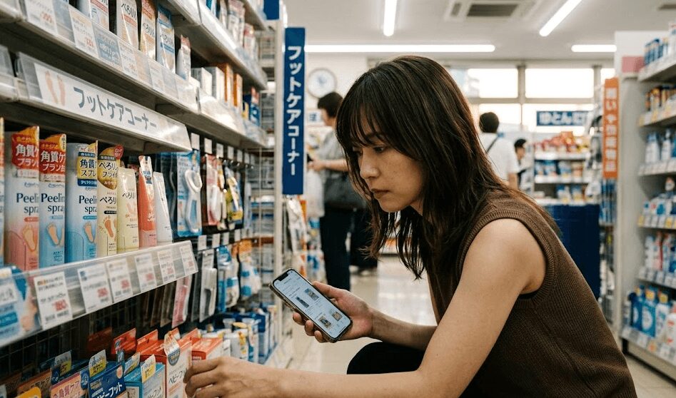 ドラッグストアでぺろりんがどこにあるか確認