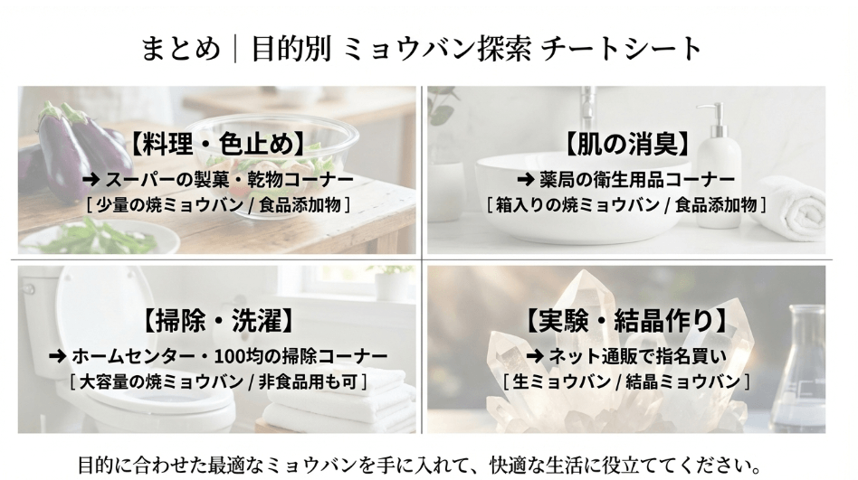まとめ｜ミョウバンはどこで買える？目的に合わせた最適解