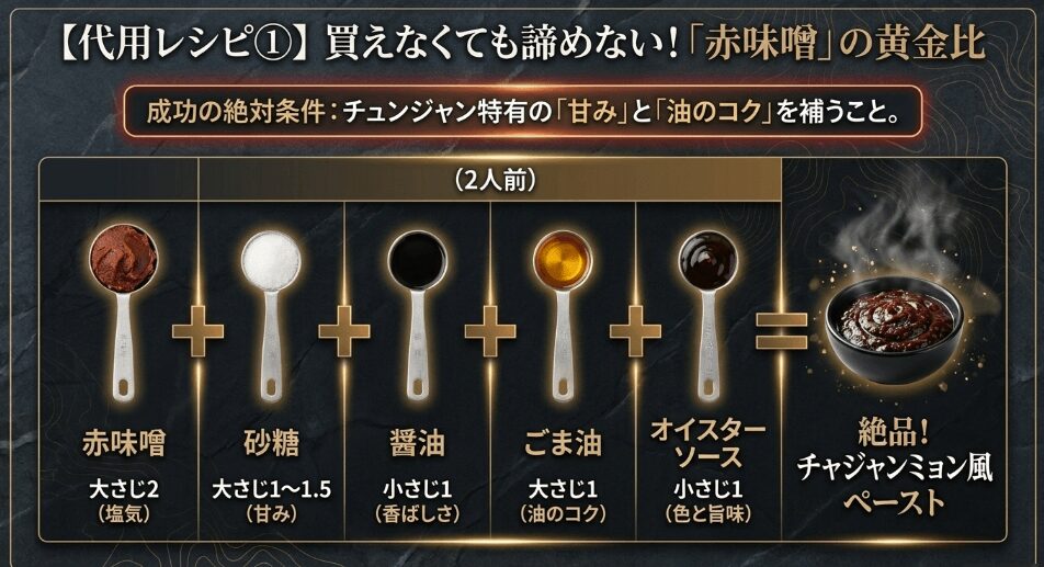 チュンジャンを赤味噌で代用