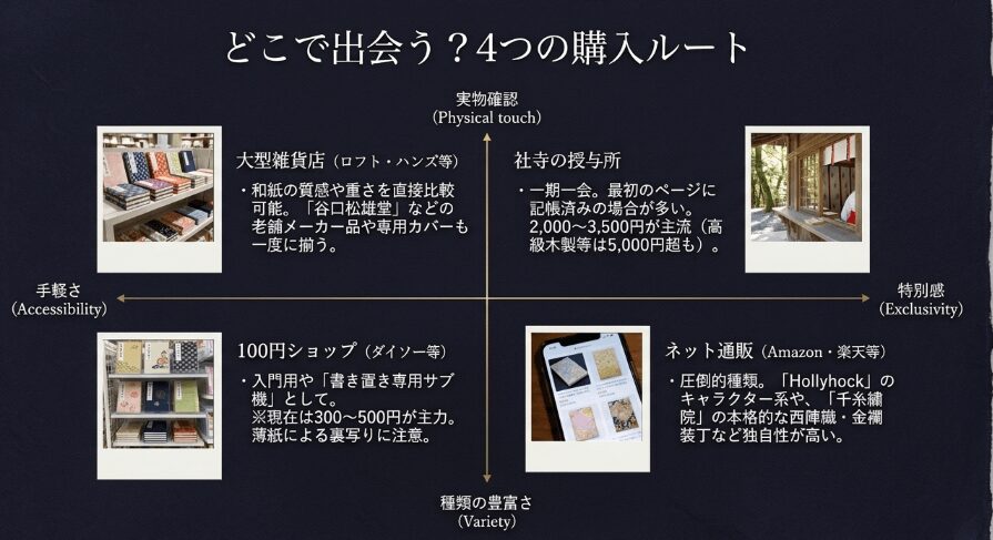 神社や寺院の授与所でオリジナルの御朱印帳を選ぶ