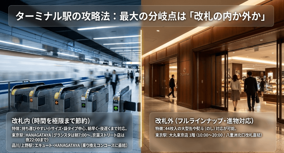 東京駅の改札内や改札外にある売り場の営業時間