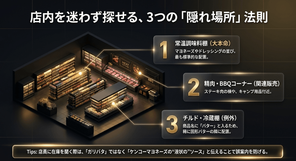 売り場はどこ？ケンコーガーリックバターソースを迷わず見つける「3つの棚」