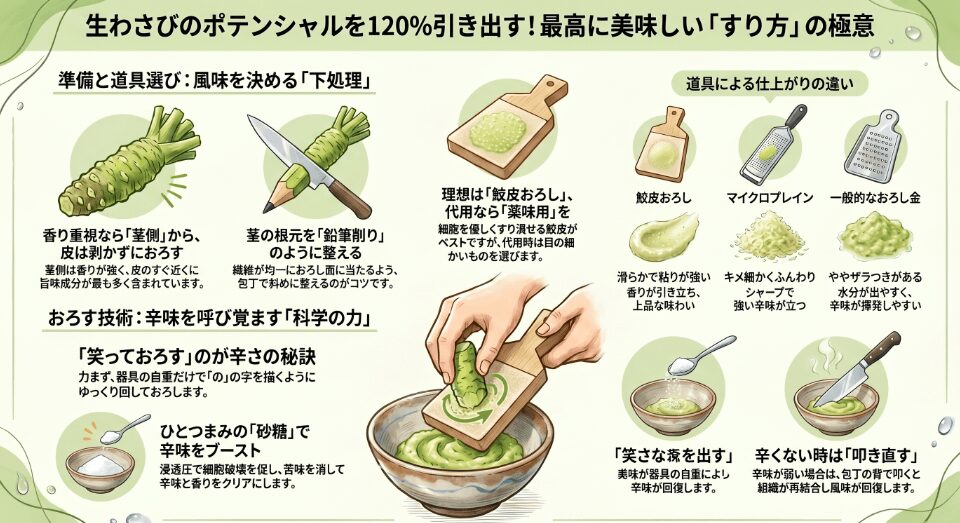 生わさびのすり方の基本と辛味を高める下処理