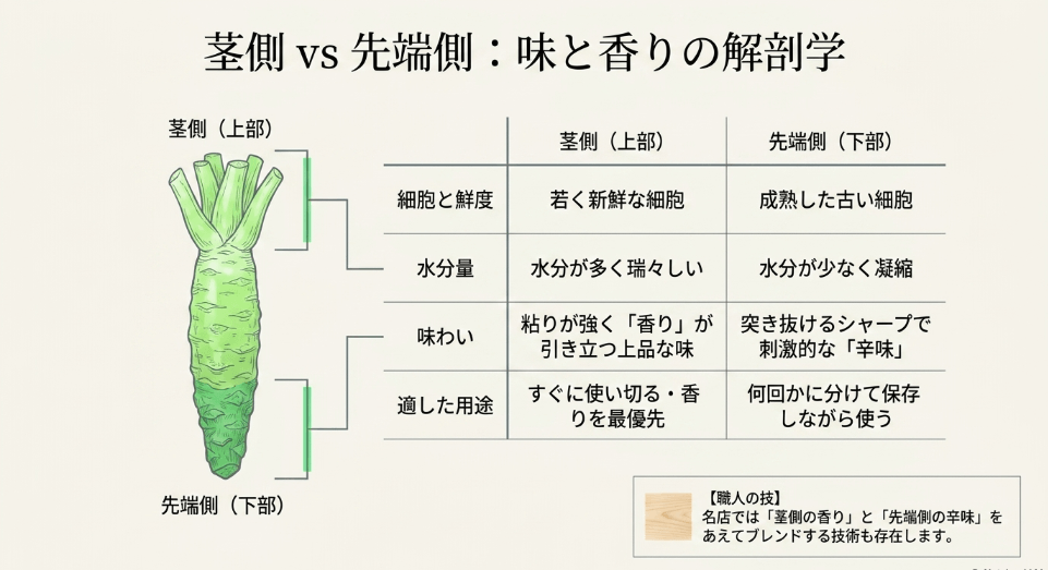 生わさびのすり方で迷う茎と先端の向き