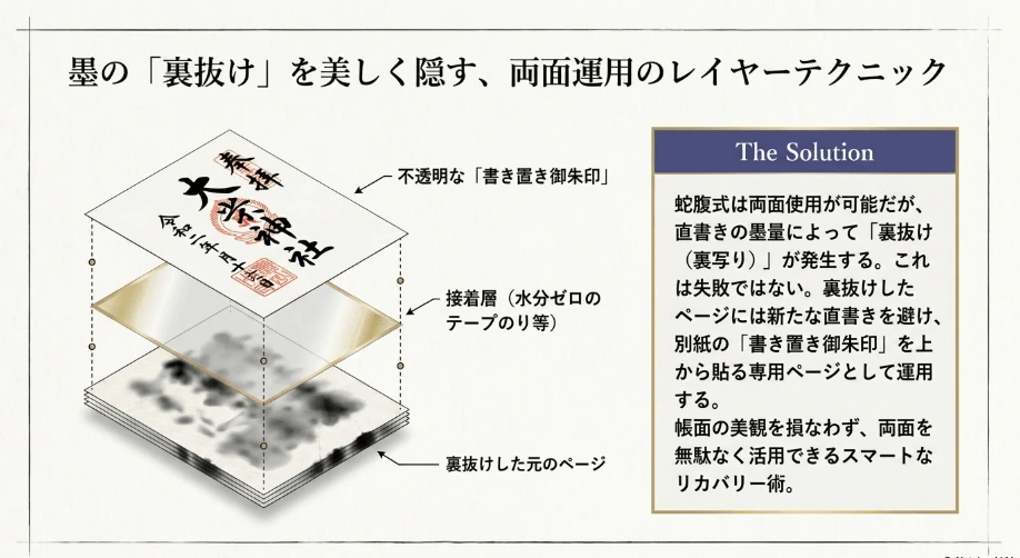 墨の裏抜け対策と蛇腹式の両面使用における工夫
