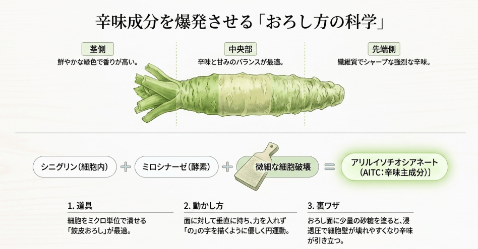 辛味成分を最大化する生わさびのおろし方