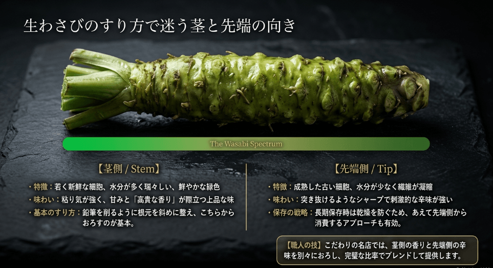 生わさびのすり方で迷う茎と先端の向き
