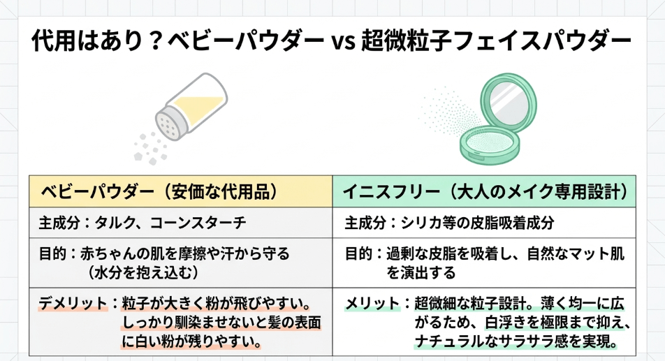 ベビーパウダー代用と超微粒子設計の違い