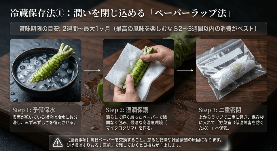 新聞紙やペーパーで包む密閉冷蔵の正しい手順