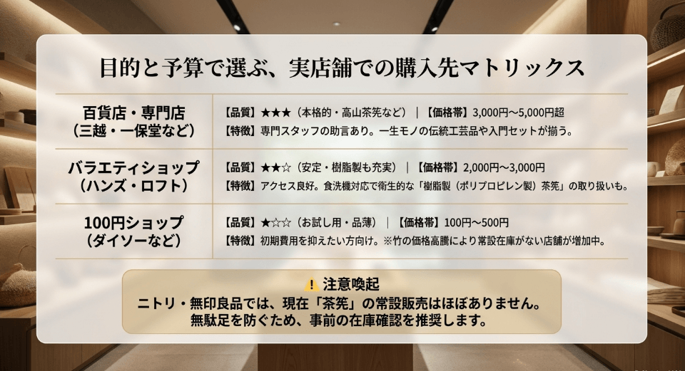 ニトリや無印良品での「茶筅」取り扱い状況と、確実な入手方法