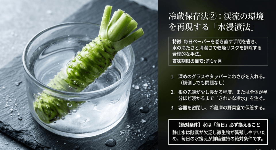生わさびを水に浸す保存法と毎日の水換えのコツ