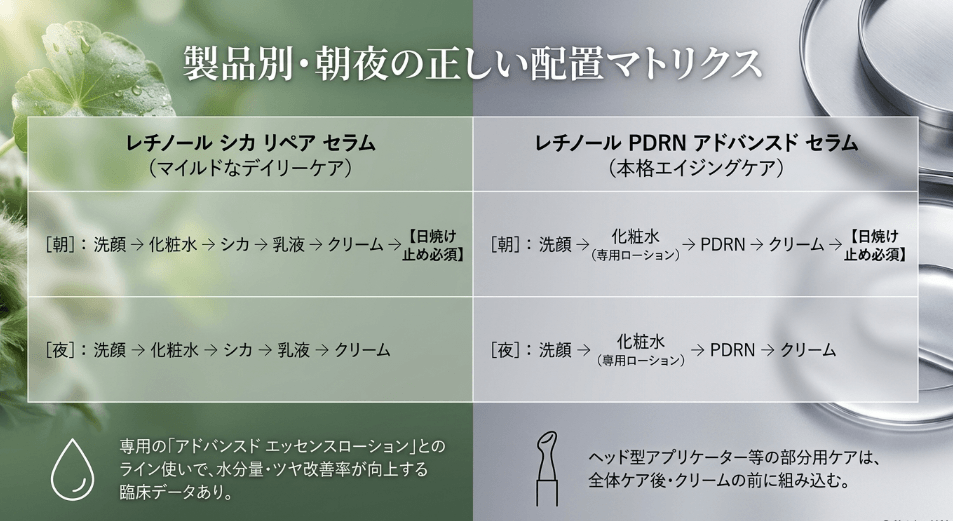 朝と夜のルーティンにおける製品の正しい配置