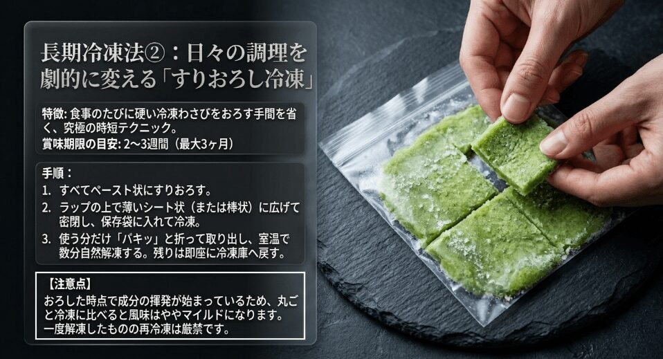 すりおろした生わさびを冷凍保存するテクニック