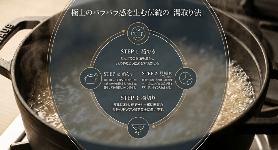 本格的なパラパラ感を。伝統的な「湯取り法」の手順