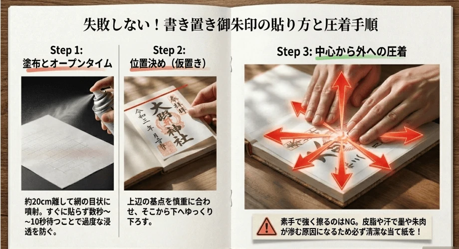 スプレーのりの効果と中心から外へ圧着する手順