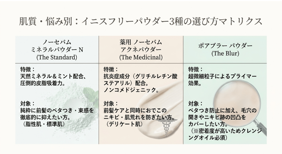 イニスフリーのパウダー3種の違いとおすすめの選び方