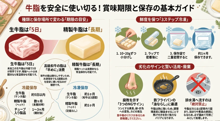 牛脂の賞味期限はいつまで？種類や保存環境別の目安