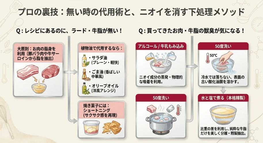 ラード・牛脂がないときの代用油脂選びと特徴