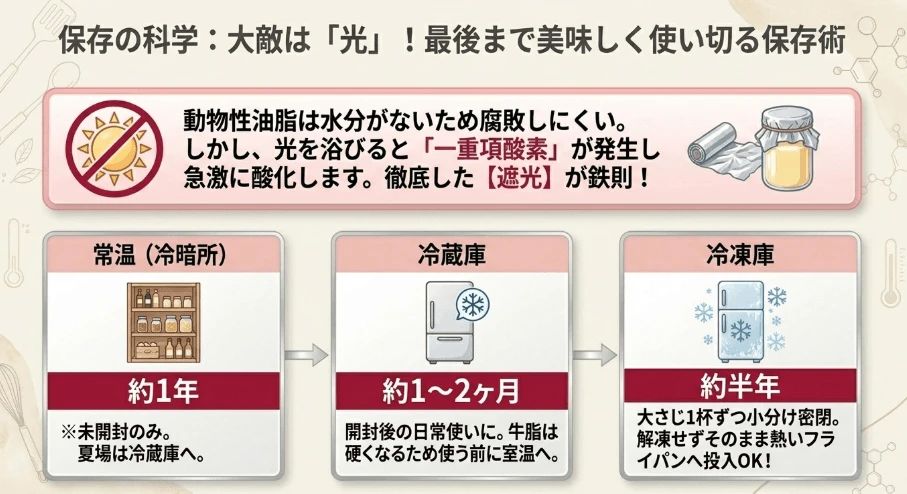 ラードと牛脂の保存科学:自動酸化を防ぐ遮光の重要性と保存目安