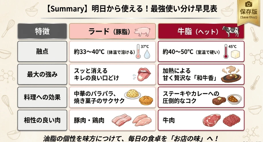 食生活に活かすラードと牛脂の違いのまとめ
