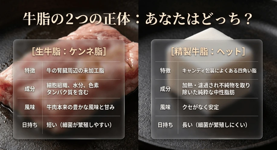 生牛脂のケンネ脂と精製されたヘットの違い