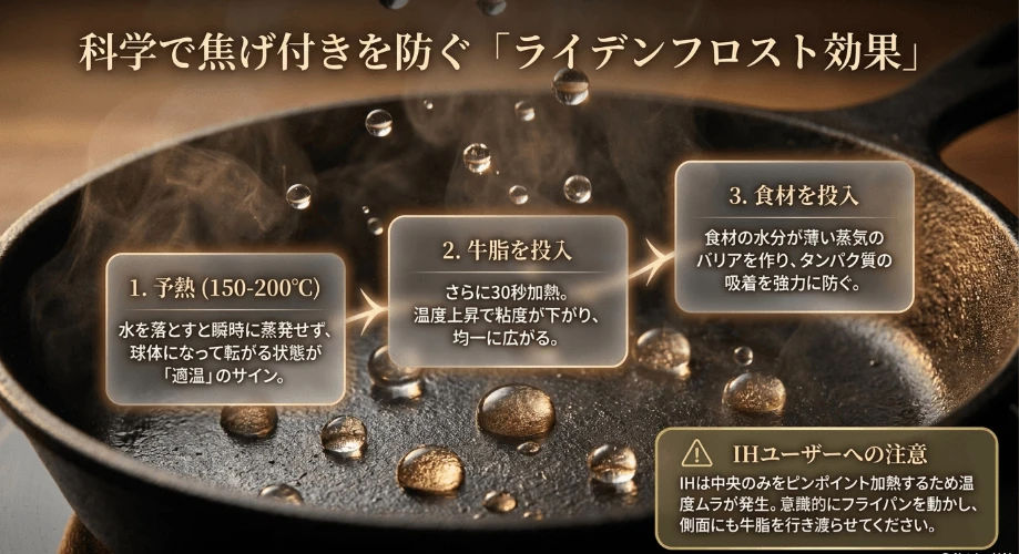 ライデンフロスト効果を活かした焦げ付き防止策