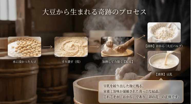 大豆から豆腐ができるプロセス