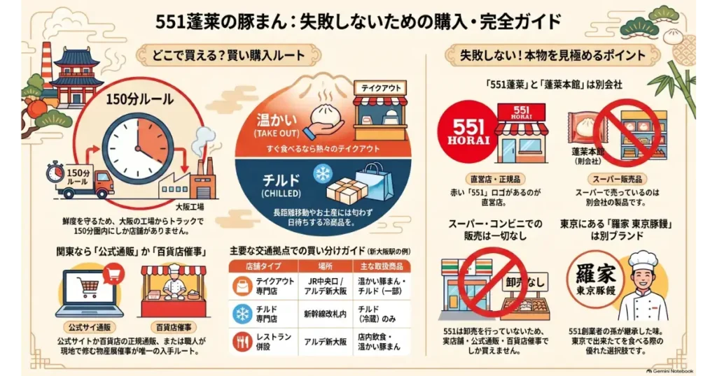 551蓬莱の豚まん完全購入ガイドのインフォグラフィック。150分圏内ルールやチルドと温かい商品の買い分け、スーパー商品との違いを解説。