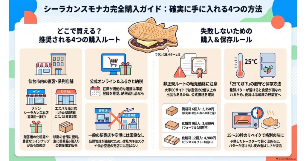 シーラカンスモナカの購入ルート4選・定価・保存方法・リベイク手順の完全まとめ図