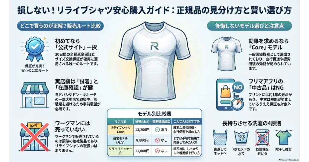 リライブシャツの安心購入ガイド!販売店比較・モデル別の違い・洗濯方法のまとめ図解
