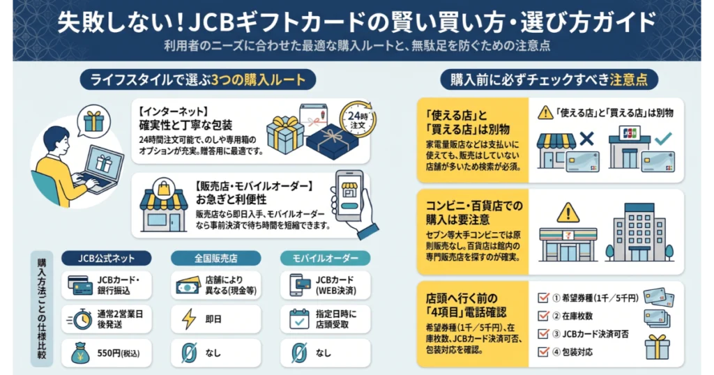 JCBギフトカードの賢い買い方と選び方ガイド(購入ルートの比較と注意点のまとめ図解)
