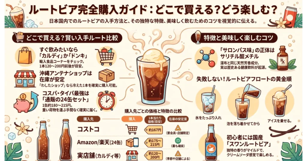 ルートビアの購入ルート比較と美味しい飲み方を解説した完全購入ガイドのインフォグラフィック
