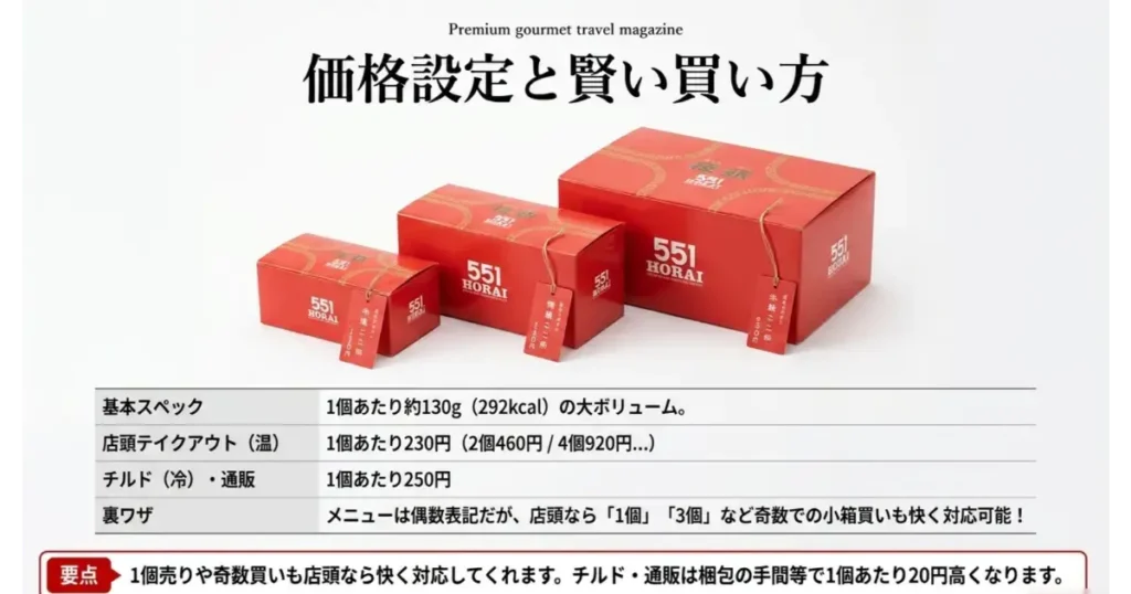 551蓬莱の赤い豚まん専用ギフトボックスとサイズ別価格、店頭での奇数個購入方法の解説。