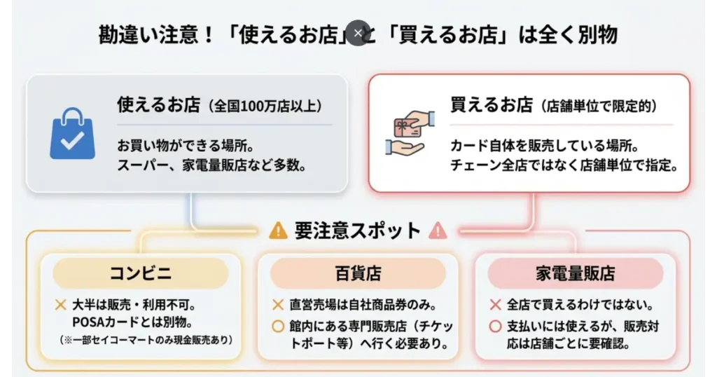 「使える店」と「買える店」は別!コンビニ・百貨店・家電量販店での購入時の注意点
