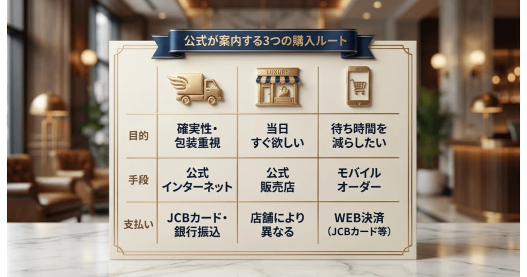 公式が案内するJCBギフトカードの3つの購入ルート比較表(インターネット・公式販売店・モバイルオーダー)