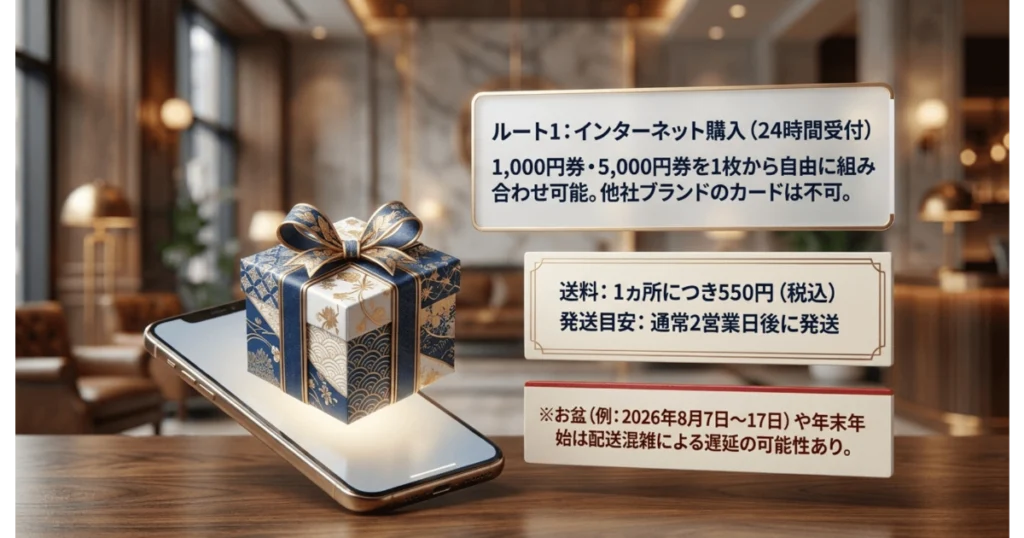 JCB公式インターネット通販でのギフトカード購入詳細(24時間受付・送料・発送目安)