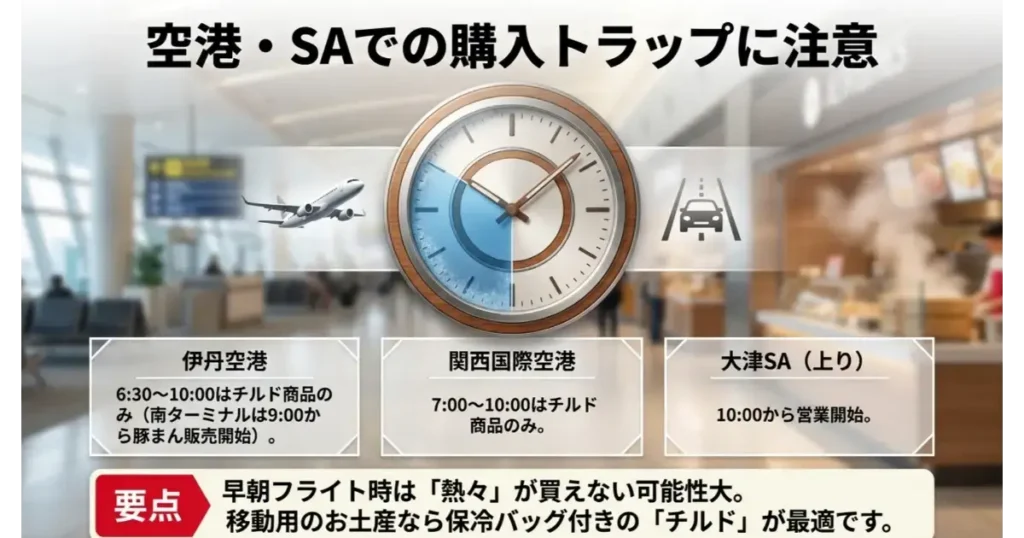 空港や高速道路SAの551蓬莱店舗における早朝チルド商品販売時間と注意点。