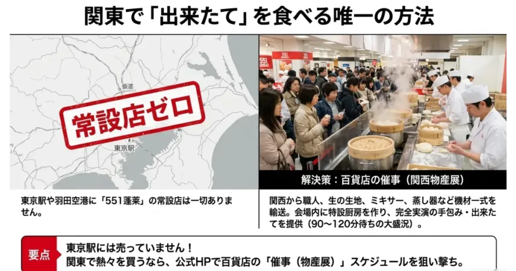 関東には常設店がない551蓬莱の出来立てを関東で買える百貨店催事・物産展の実演風景。