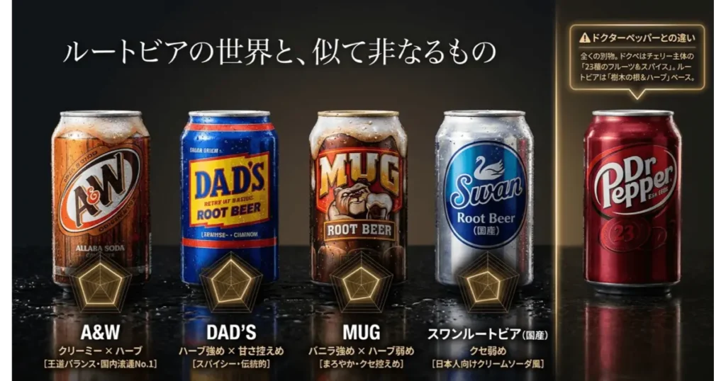 A&W・DAD'S・MUG・スワンルートビアの味の特徴比較とドクターペッパーとの違い